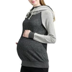 Kimi + Kai Zip Collar Two Tone Front Pockets Maternity Gray Sweater Medium